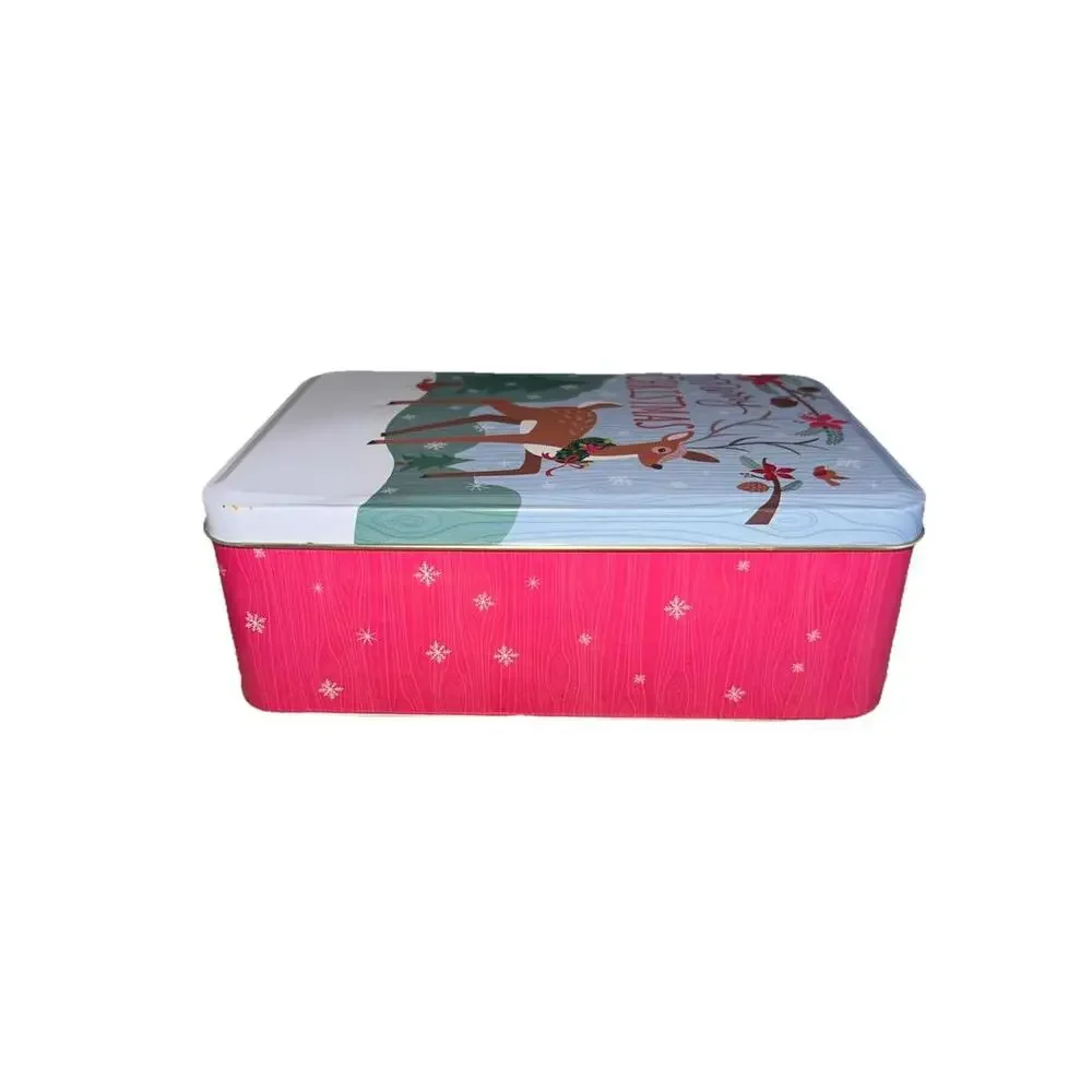 Vintage Style Reindeer Christmas Tin - Retro Woodland MCM Holiday Cookie‎ Box